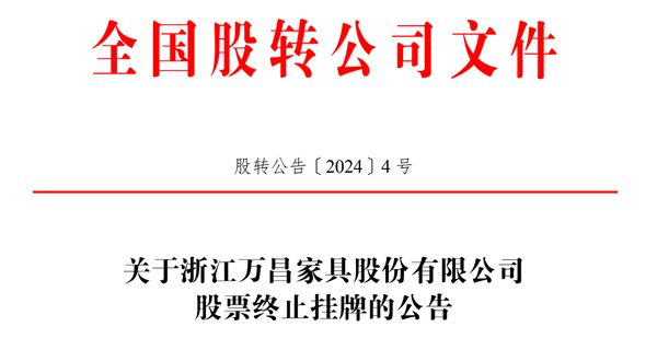 挂牌新三板近6年万昌家具2024首个退市家具股